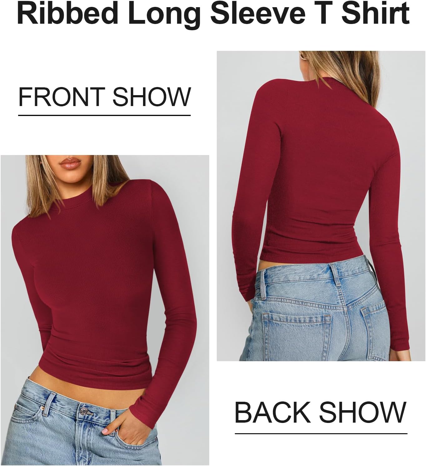Womens Ribbed Long Sleeve T Shirts Crew Neck Fall Basic Tight Tops Fitted Casual Going Out Workout Cotton Fall Tops - Image 2