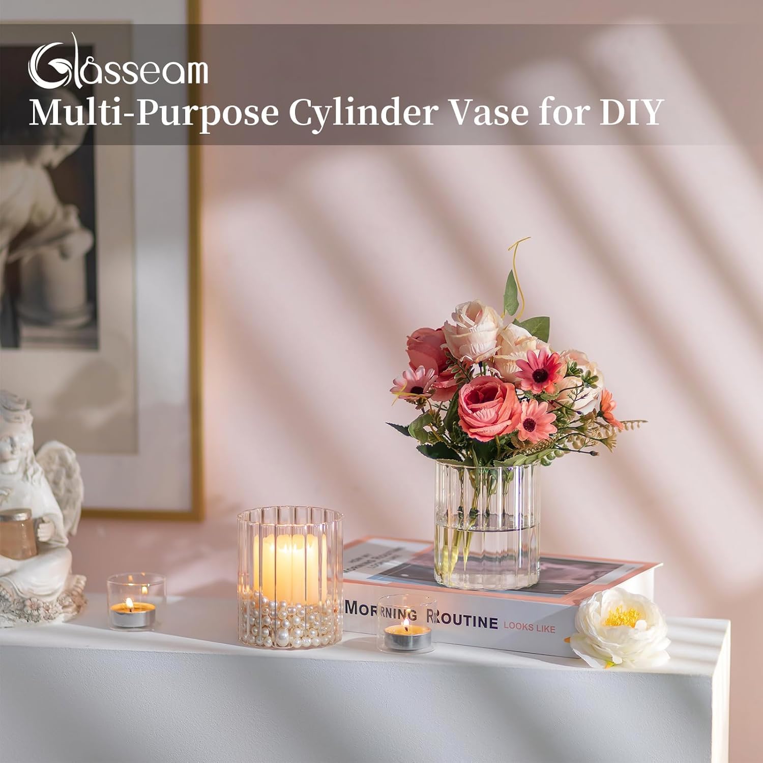 Glasseam Glass Cylinder Vases for Centerpieces: Clear Ribbed Flower Vases for Pillar Candle - 6Pcs Modern Hurricane Floating Candle Holder for Table Wedding Centerpieces Living Room Decorations