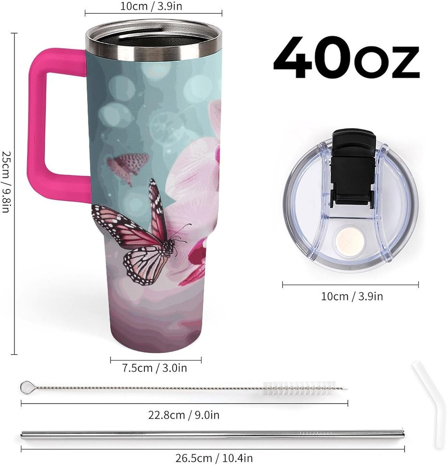 40 Oz Insulated Mug with Handle, Stainless Steel Orchid Flower Butterfly Soft Fresh Spring Printed Travel Mug Portable Leak-proof Large Car Mug for Home, Office Or Car