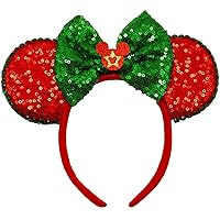 Vista 5 de Diademas de orejas de ratón de Navidad, diademas de lazo de Navidad para mujeres y niñas, bandas para el pelo de cuerno de alce con lazo verde