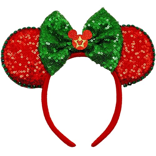 Miniatura 5 de Diademas de orejas de ratón de Navidad, diademas de lazo de Navidad para mujeres y niñas, bandas para el pelo de cuerno de alce con lazo verde