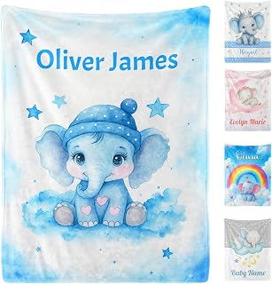 Personalized Baby Blanket for Boys Girls Ultra Soft Cozy Custom Baby Blanket with Name Flannel Elephant Blanket Personalized Gifts for Kids Infant Newborn Baby for Birthday Baby Shower Christmas