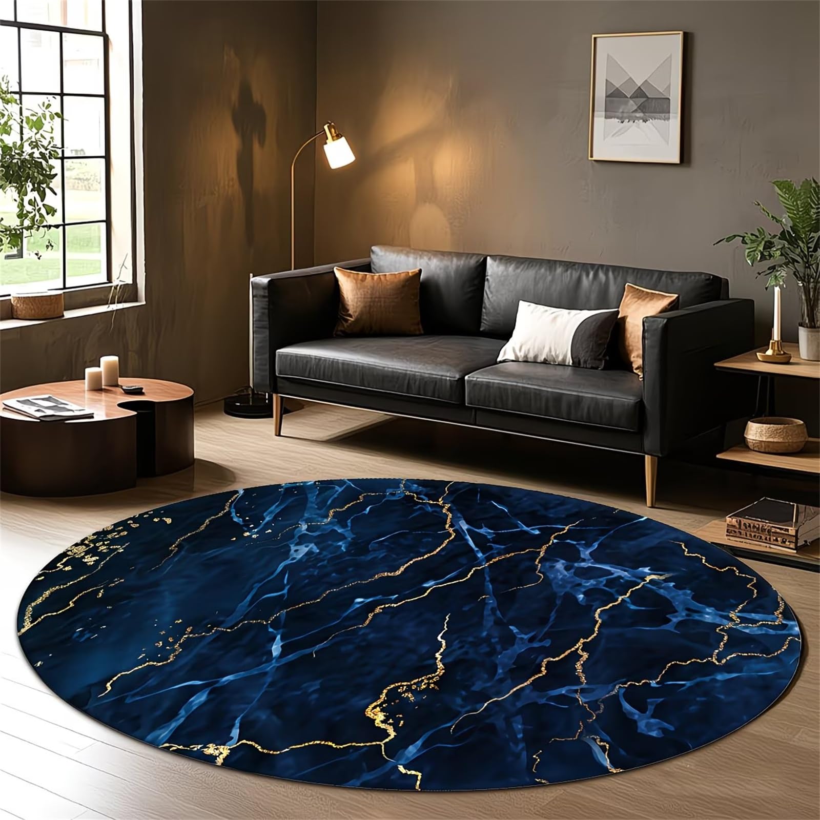 Marble Round Area Rug, 3.3ft Modern Abstract Marble Pattern Circular Rug for Living Room, Non-Slip Washable Low-Pile Indoor Carpet for Bedroom, Soft Non-Shedding Deep Blue and Gold Striped Rugs