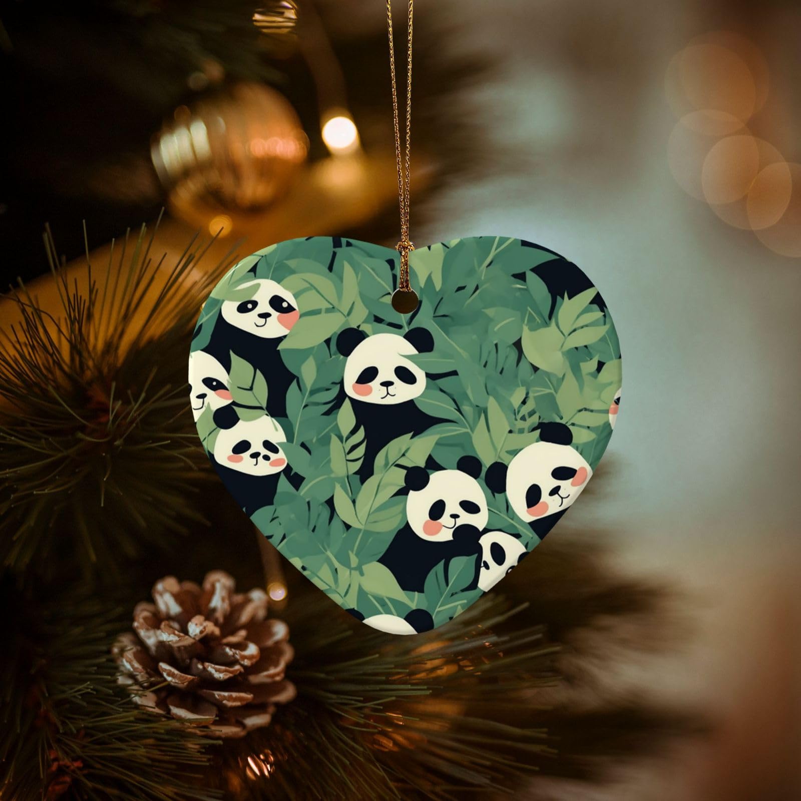 Christmas Tree Ornaments Ceramics Christmas Decorations Leaves Panda Ornaments with Gold Ribbon Porcelain Xmas Tree Crafts Heart Shape Hanging Pendant for Christmas Tree Party Decor
