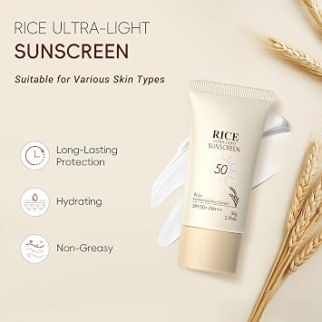 Rice Sunscreen SPF 50 Face Moisturiser, Ultra-Light Sun Cream Face & Body, Korean Rice SPF 50 Face Sunscreen with UVA/UVB Protection, Brightens & Protects Dry Sensitive Skin, Non-Greasy