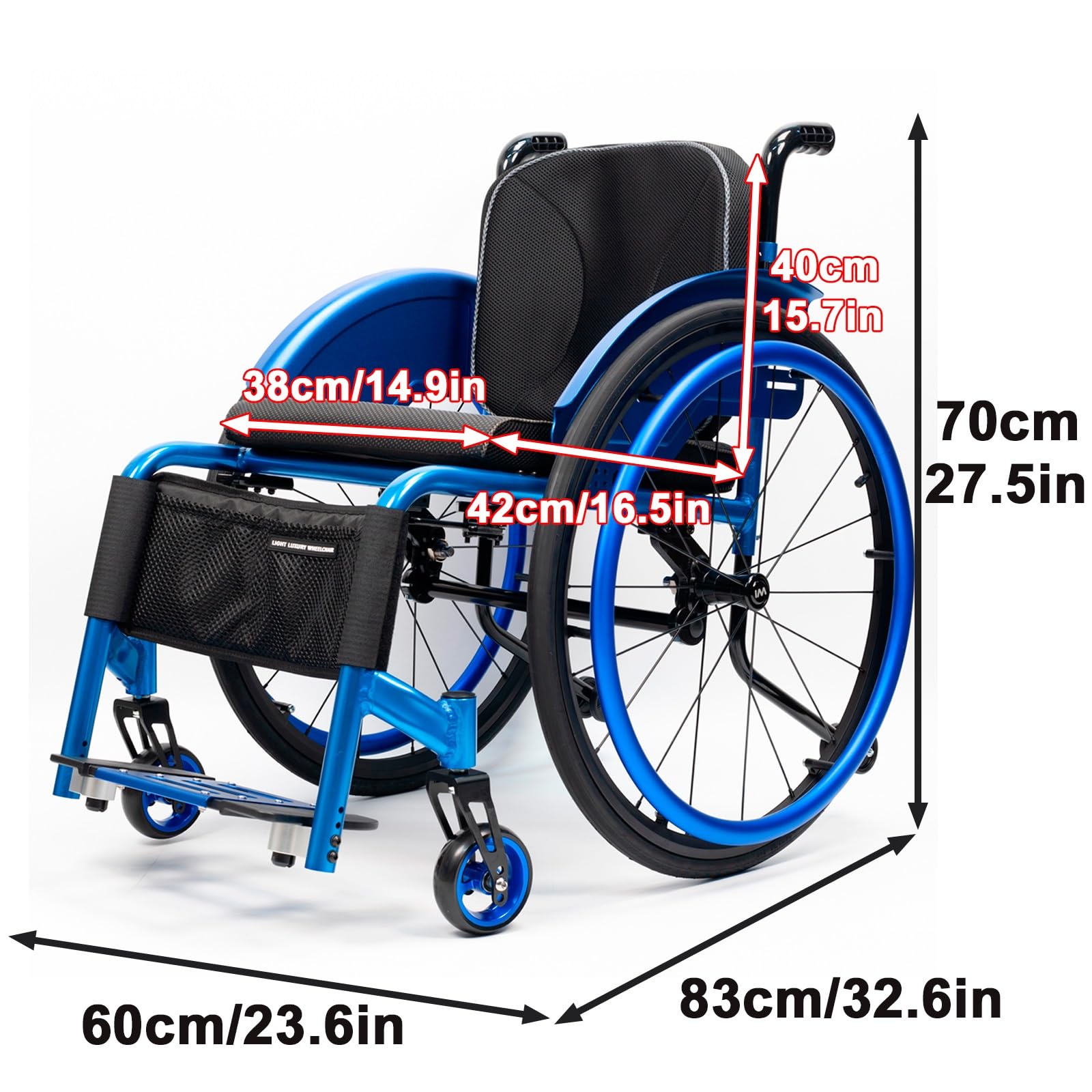 Wózki inwalidzkie dla dorosłych, nośność 100 kg, nieskładane, stop aluminium, wyposażone w podnóżki, siedzisko i tylne koła 24" (szerokość siedziska: 38 cm)
