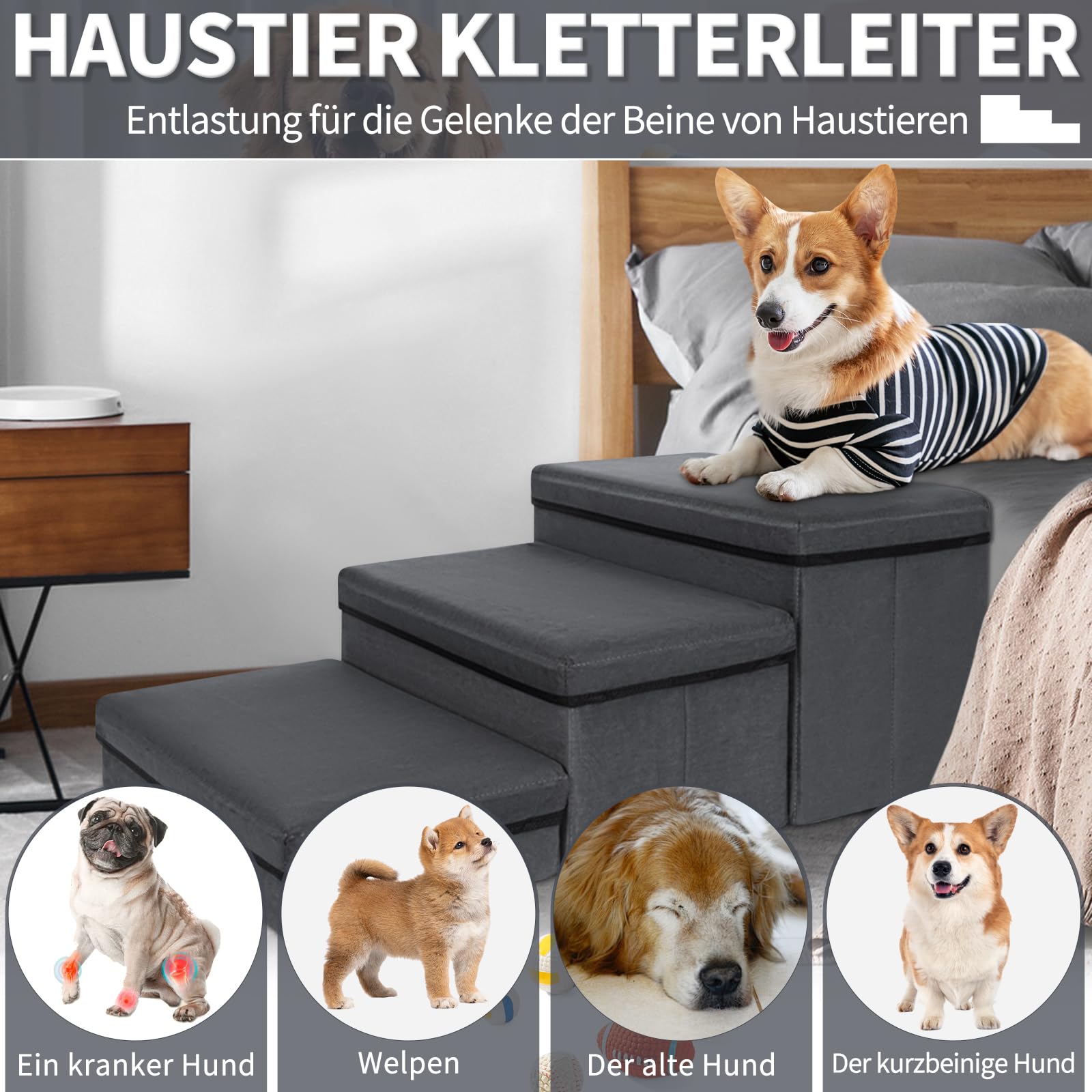 OUUTMEE Escalera para mascotas, 3 peldaños, escalera para perros plegable con espacio de almacenamiento, escalera para perros para camas, sofás, escaleras para gatos viejos, perros, capacidad de carga