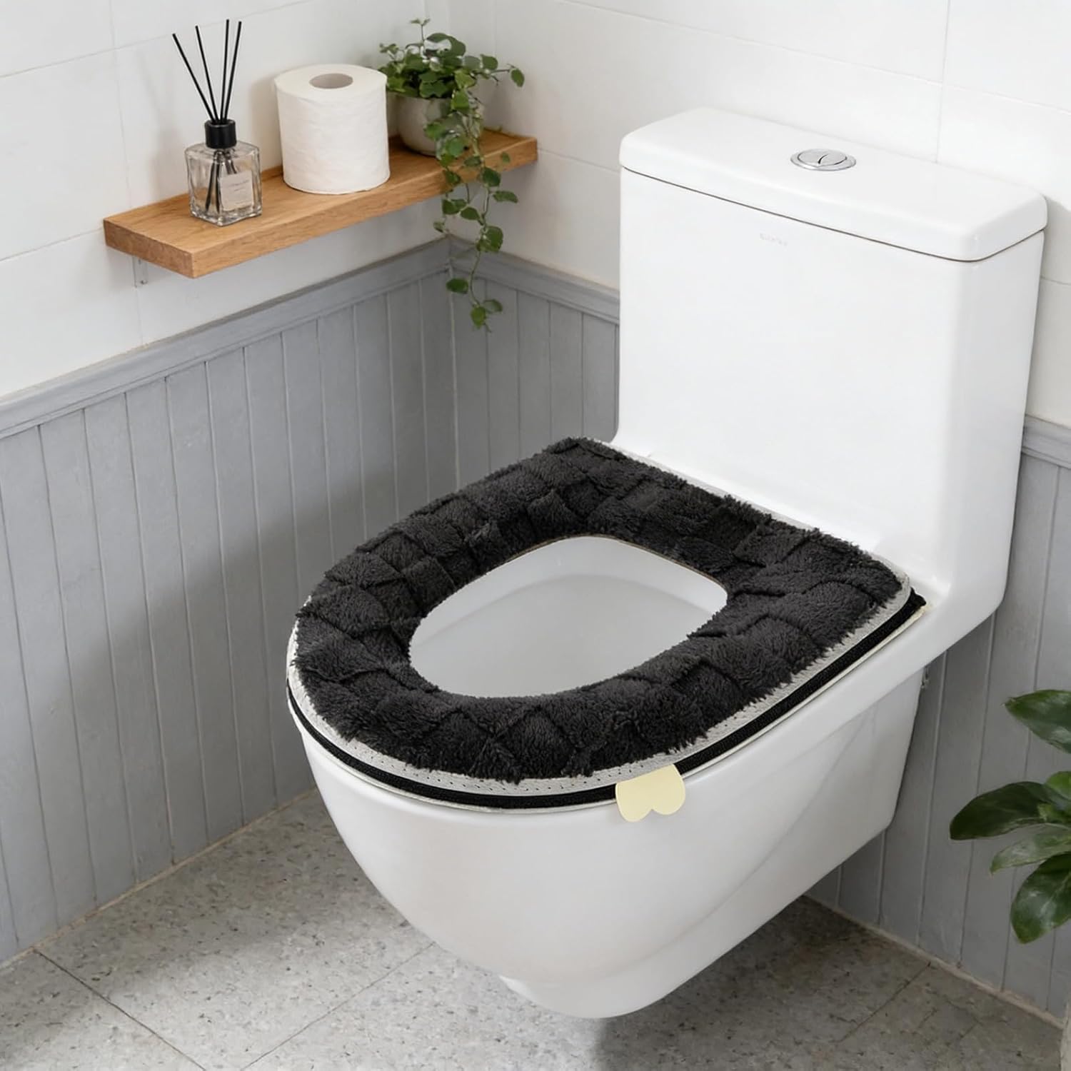 Warm Padded Toilet Seat Cover, Grey Washable Plaid Plush, Winter Zipper Toilet Seat Cover, Bathroom Toilet Seat Cover