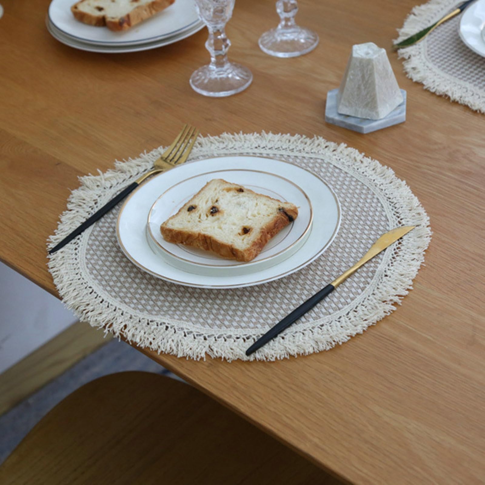 Platzset 8 Stück, Platzdeckchen Rund 30CM rutschfest Gewebte mit Gitter und Quaste Platzdeckchen für Glastisch