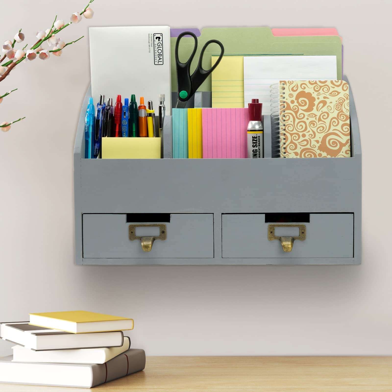 Excello Global Products Schreibtisch-Organizer aus Holz, 6 Fächer, 2 Schubladen, Grau, Rustikaler Shabby-Chic-Stil