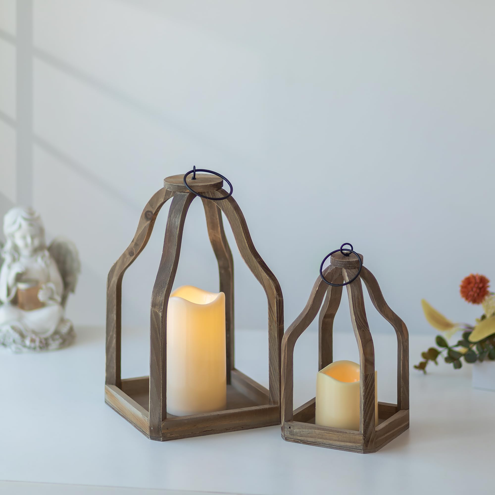 Romadedi Lot de 2 lanternes décoratives en bois rustique pour centre de table de mariage, intérieur ou extérieur, cheminée, décoration d'intérieur, marron