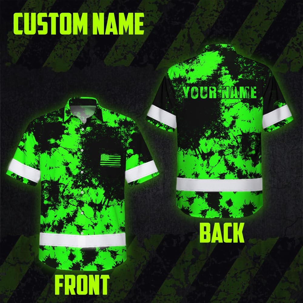 Hi Vis Hawaiian Shirt, American Flag Custom Name Reflective Short Sleeve Button Down Safety Shirt for Workers, Trucker - Image 4