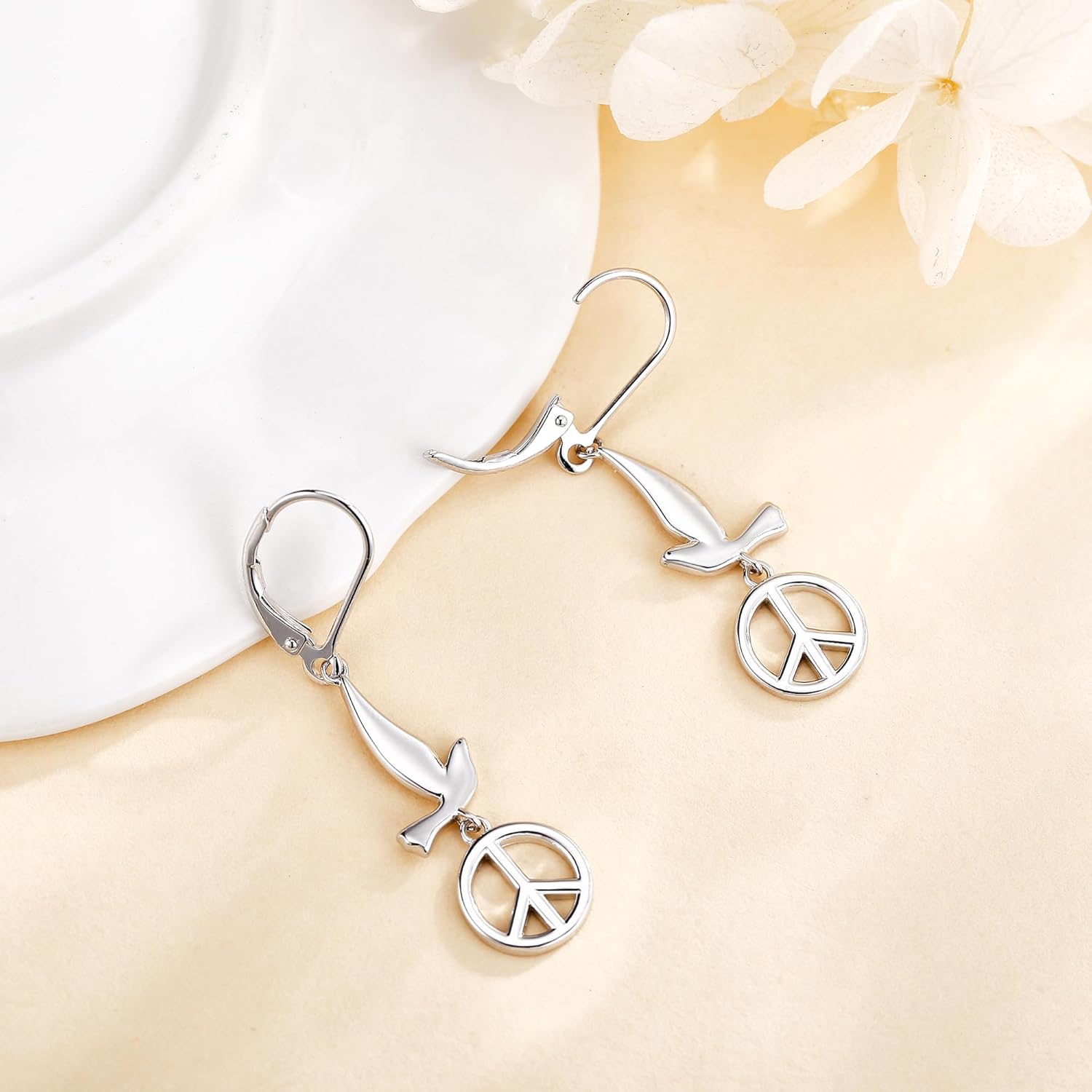 YAFEINI Peace Sign Earrings 925 Sterling Silver Dove Dangle Earrings Pigeon Leverback Earrings Hippie Earrings Peace Sign Jewelry Gift for Women