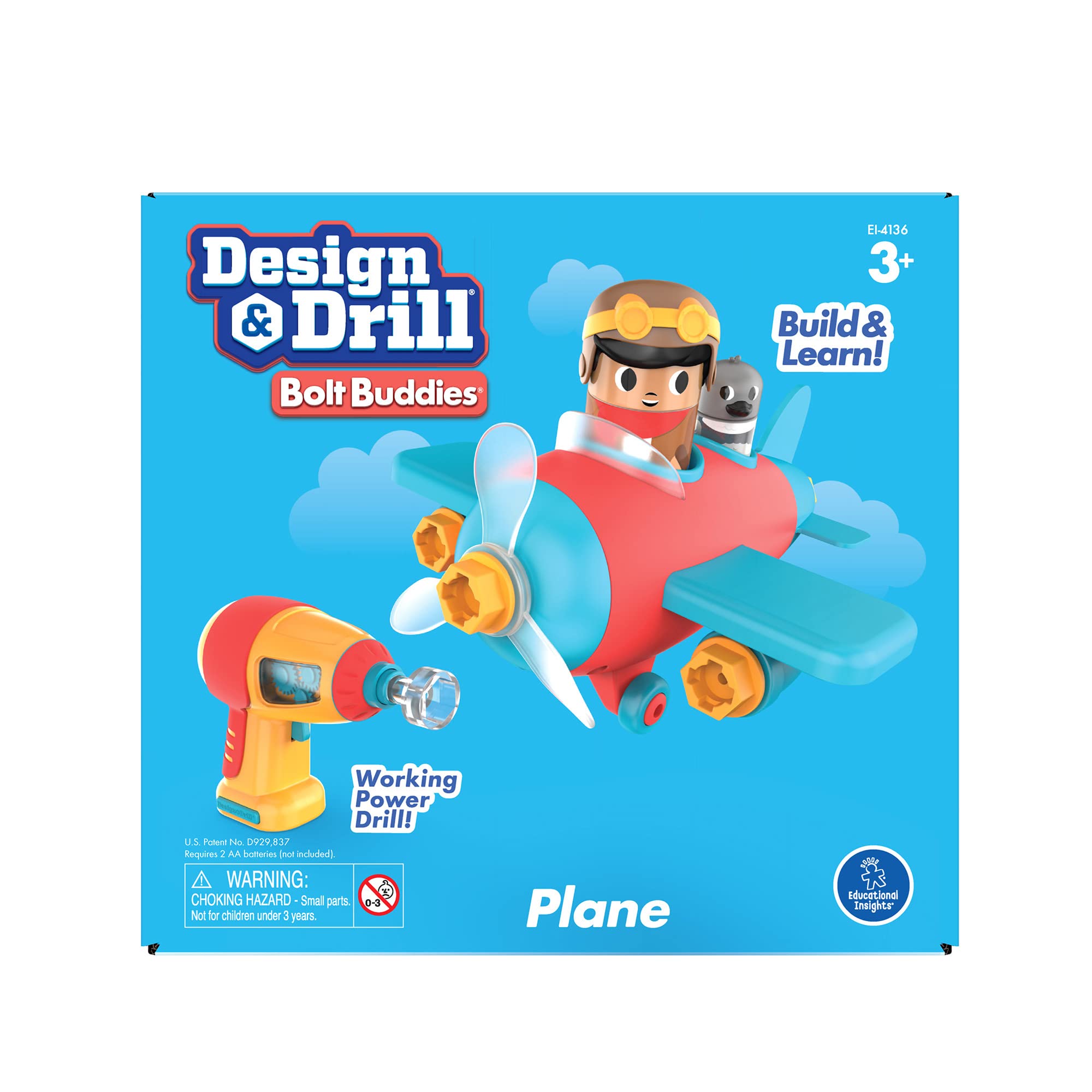Learning Resources Avion Bolt Buddies Design & Drill, Jeu avec Un Avion et Une Figurine de Pilote, Jouet de Science et STEM, Cadeau pour Enfants, 3, 4, 5 Ans et Plus