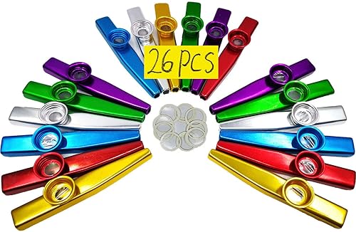 26 Kazoos de metal con 20 diafragmas de flauta Kazoo, instrumentos musicales, buen regalo para niños, un buen compañero para ukelele, violín,