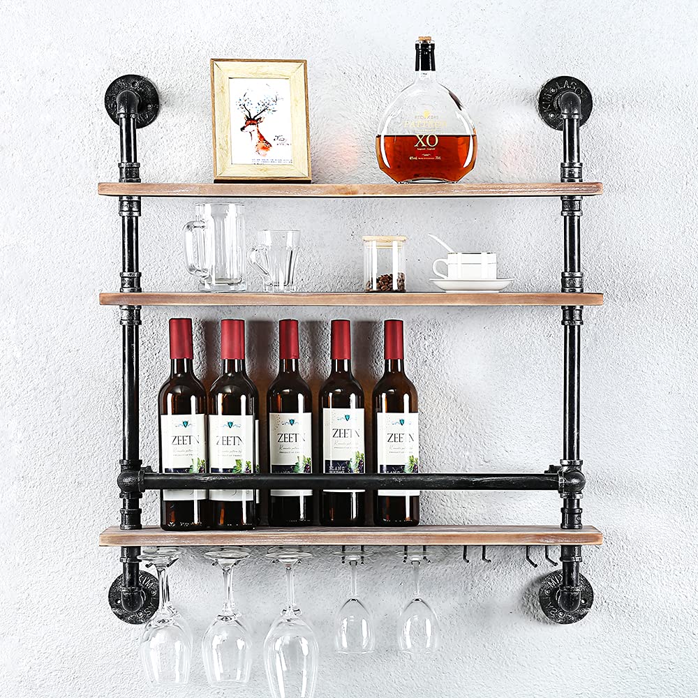 Buy Industrial Pipe Shelf Wine Rack Wall ed with 7 Stem Glass Holder,3Tiers Rustic Floating Bar