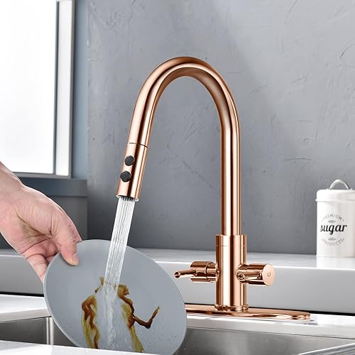 Miniatura 3 de Grifo de Cocina PAKING, Grifo de Fregadero de Dos Manijas con Pulverizador, Acero Inoxidable, Cobre Oro Rosa, PB1048