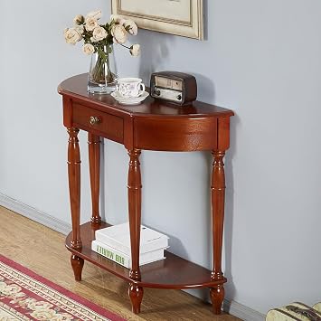 Wood Console Table, Half Moon Sofa Table with Drawer and Storage Shelf, Vintage Traditional Decorative Furniture Tables for Living Room, Entryway, Hallway Cherry, 11.8"D x 31.5"W x 31.5"H