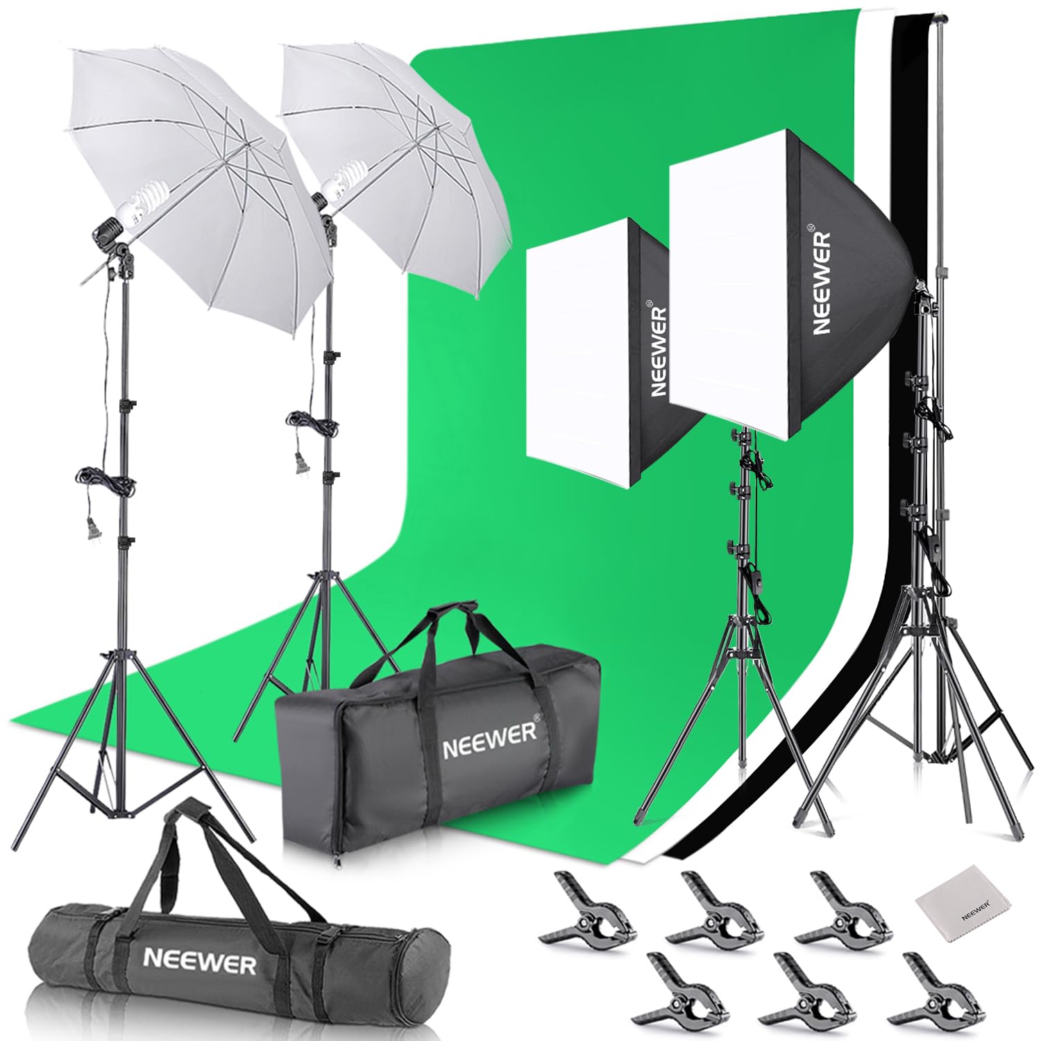NEEWER Photography Continuous Lighting Kit with Backdrops, 8.5x10ft Stands, 5700K 800W Equivalent 24W LED Bulbs Umbrellas Softboxes Cleaning Cloth,