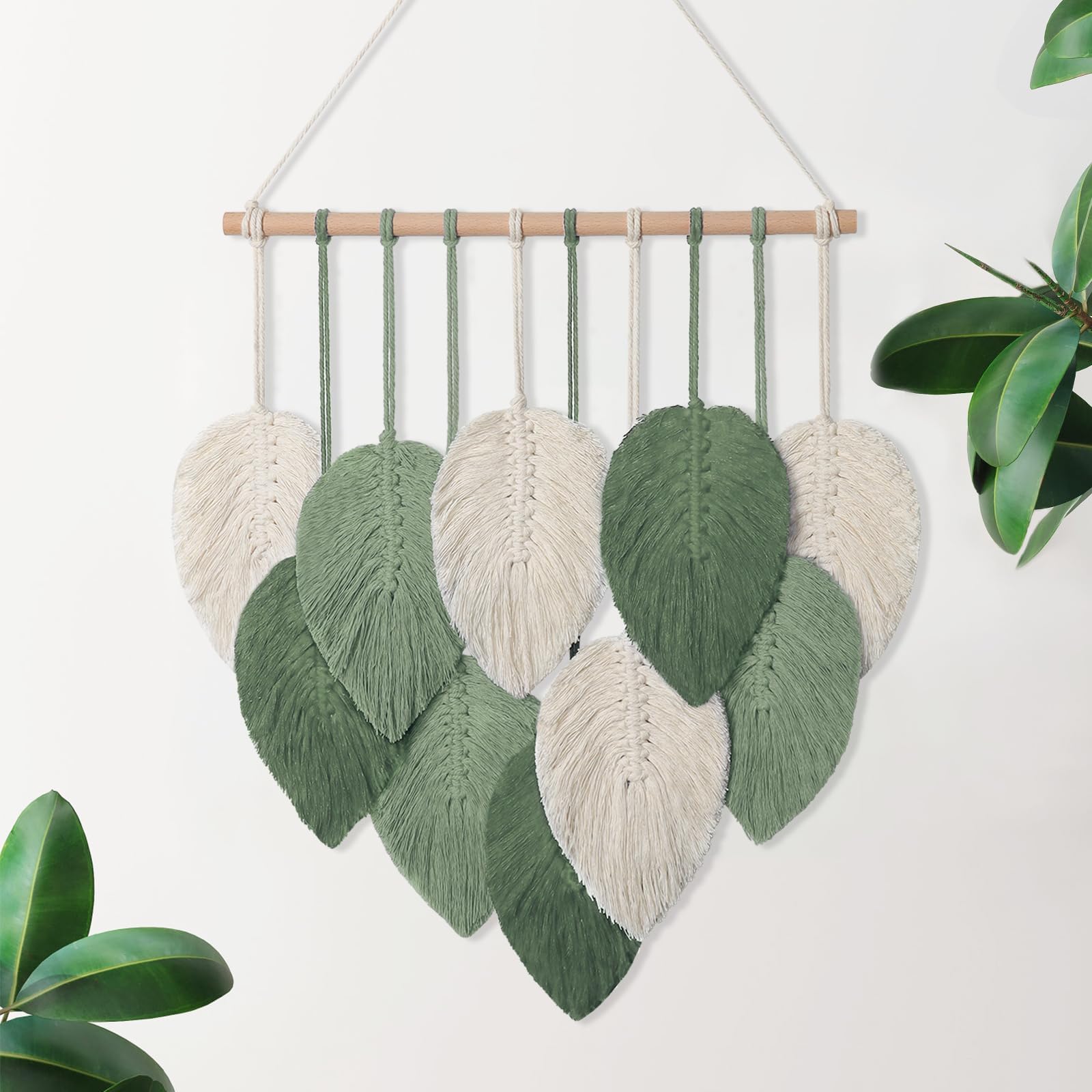 Weldomcor Macrame Wall Hanging Leaves Chic Woven Leaf Tassels Decoration Cotton Ornaments Tapestry Room Decor Modern Bohemian Handmade Feather Wall Art Decorations for Apartment Backdrop (Green)