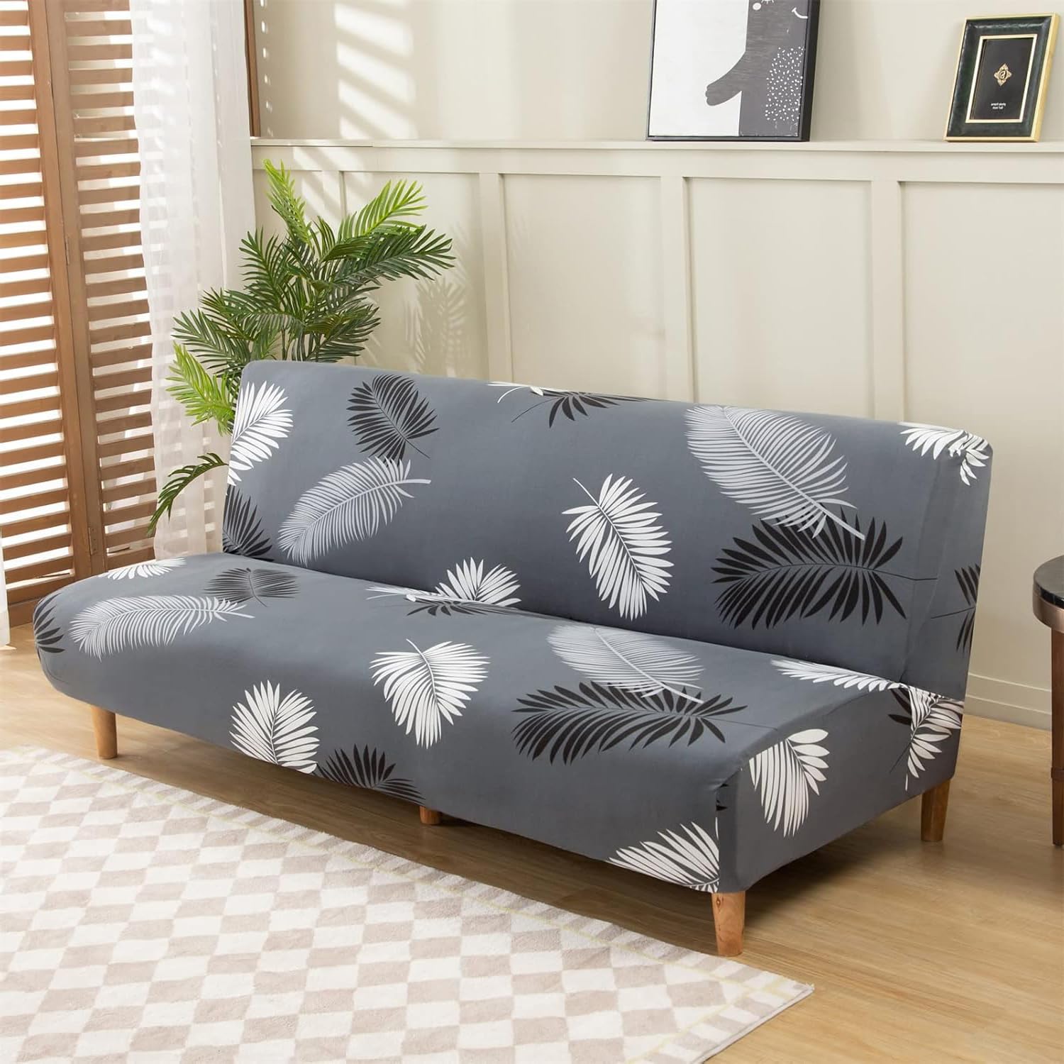 House of Quirk Stretch Sofa Slipcover Armless Futon Cover Printed Fitted Furniture Protector Elastic Polyester Spandex Washable Armless Sofa Cover Folding Couch Shield Sofa Cover (Dark Grey Fern)-image-22