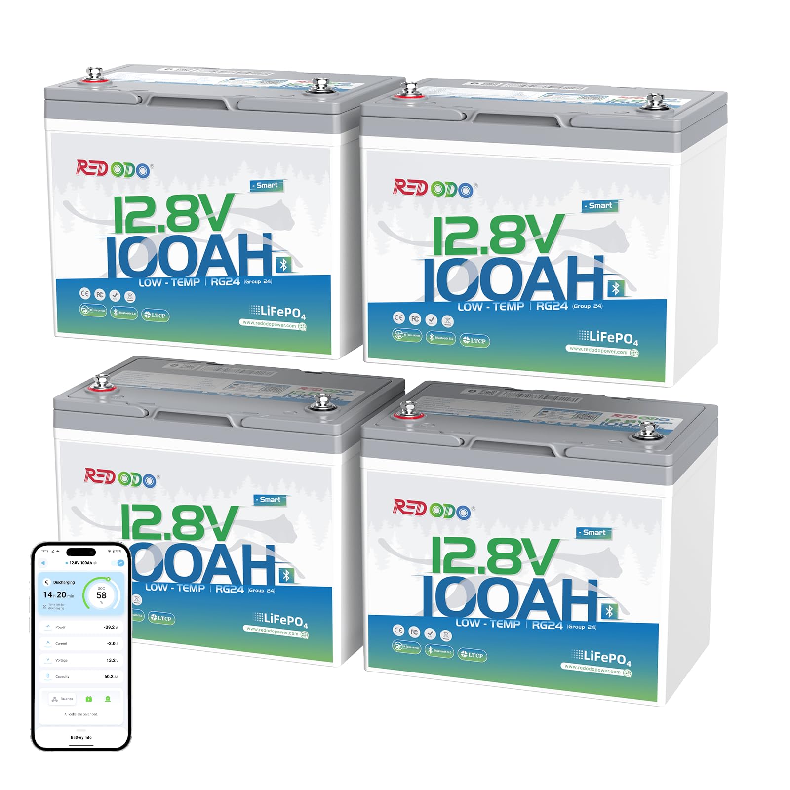 Redodo 12V 100Ah Group 24 LiFePO4 Lithium Battery Bluetooth for RVs -4 Pack