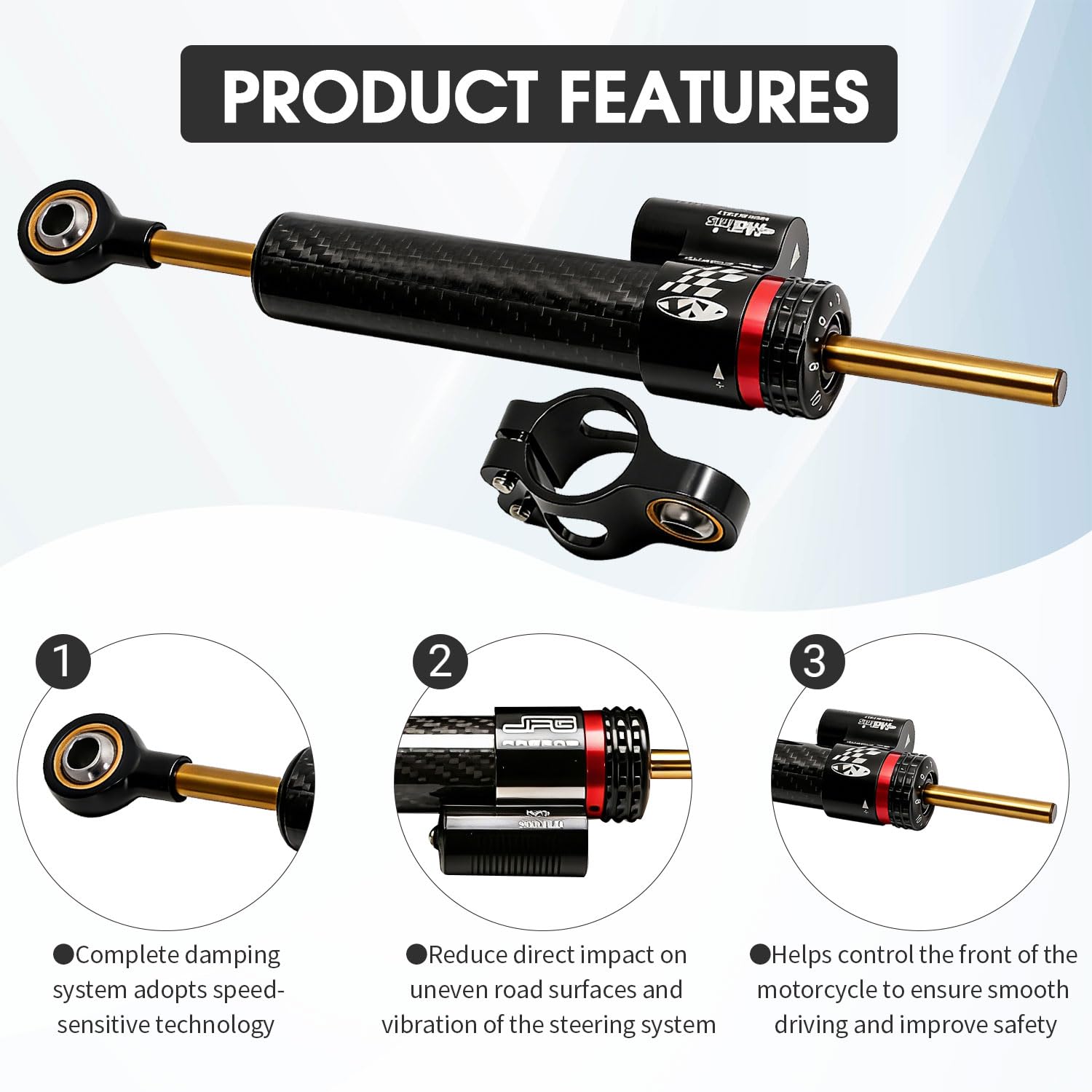 10" Amortisseur Direction Moto,Stabilisateur Direction-Fibre de Carbone | Amortisseur de Direction CNC Aluminium Moto pour la plupart Motos de Sport Course Sur Route Rue Trottinette