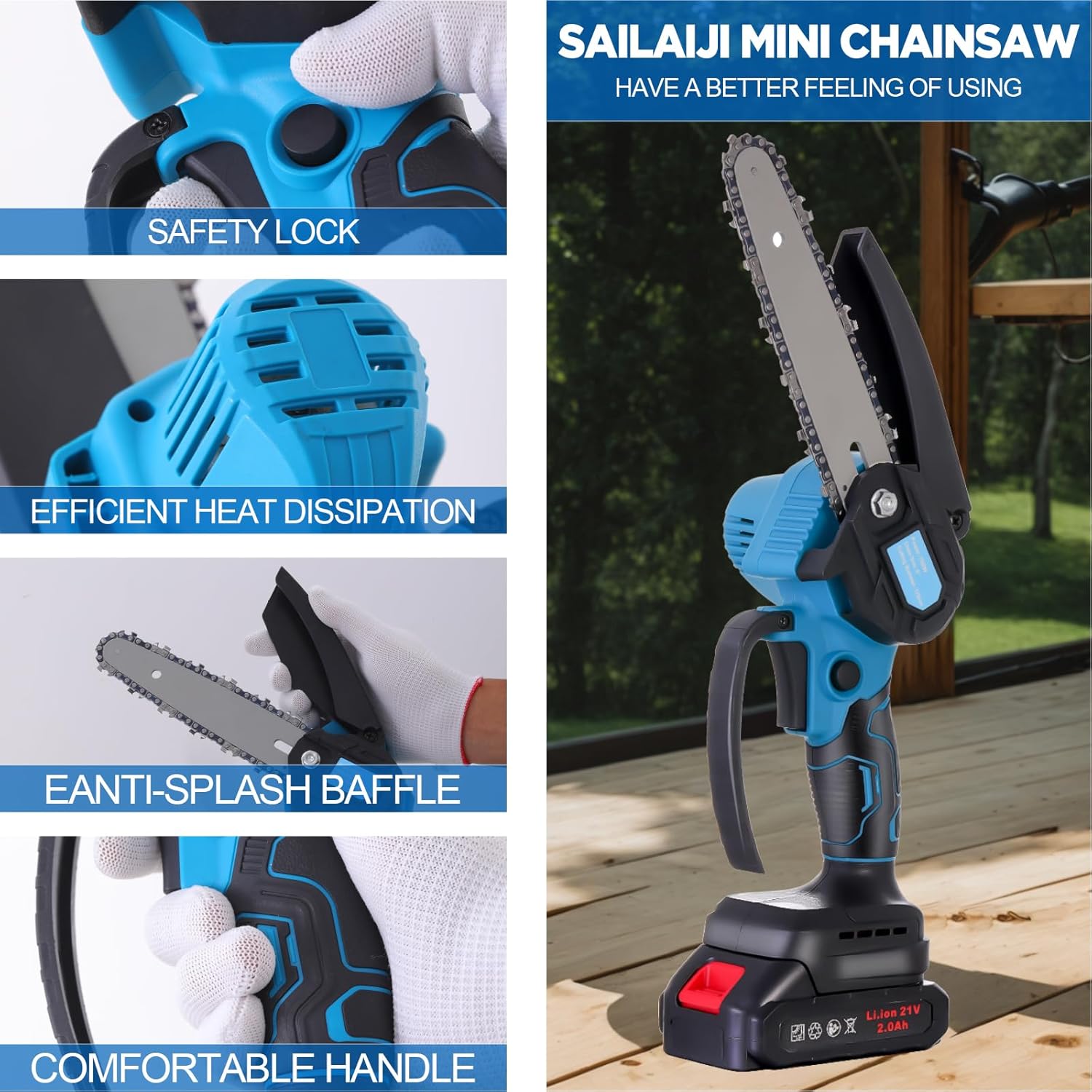 6 Inch Mini Chainsaw Cordless - Powerful 850W Electric Chainsaw with Dual 21V Batteries, LED Light, Safety Features, Ideal for Garden, DIY, and Wood Cutting
