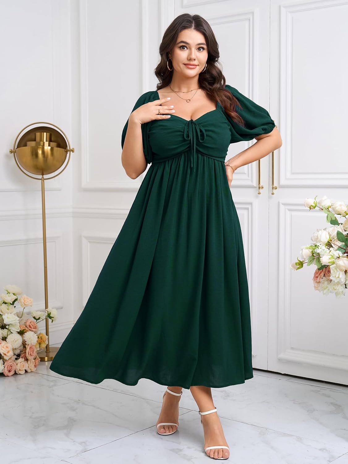 SCOMCHIC Plus Size Sweetheart Neckline Maxi Dress Formal Wedding Guest Short Puff Sleeve Cocktail Smocked A-Line Dresses - Image 2