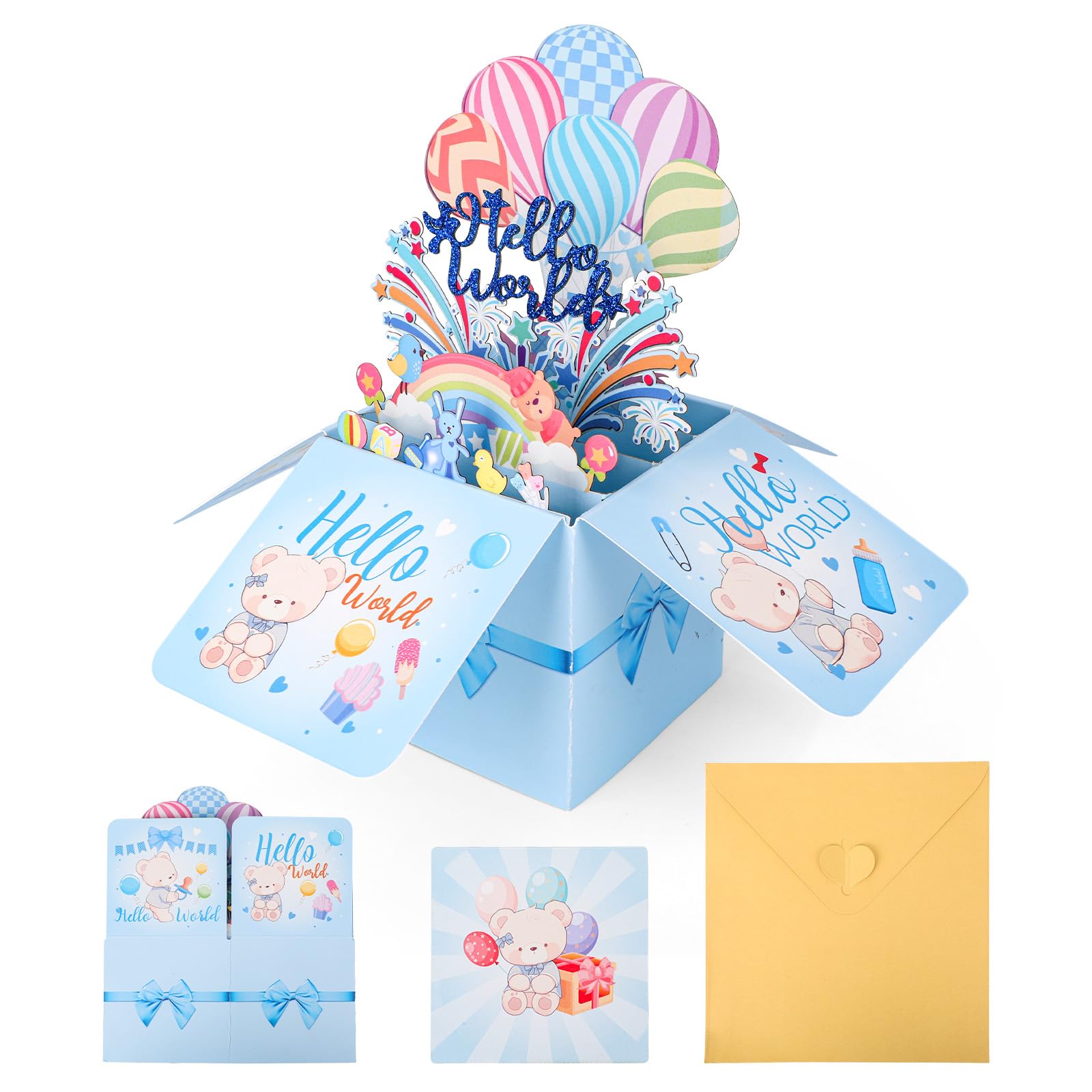Hello World 3D Pop Up Baby Shower Card, Hello World Baby Congratulations Greeting Card with Envelope & Message for Newborn Girl or Boy Birthday Gift