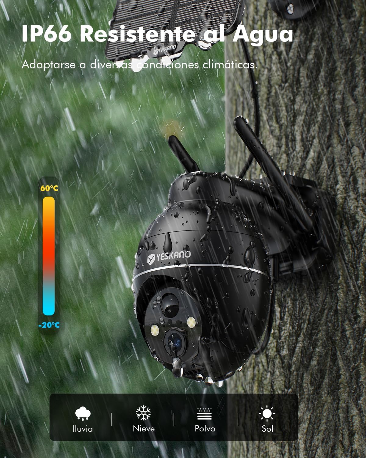 YESKANO C7TN camera shown in rain, highlighting IP66 water resistance and temperature range from -20°C to 60°C