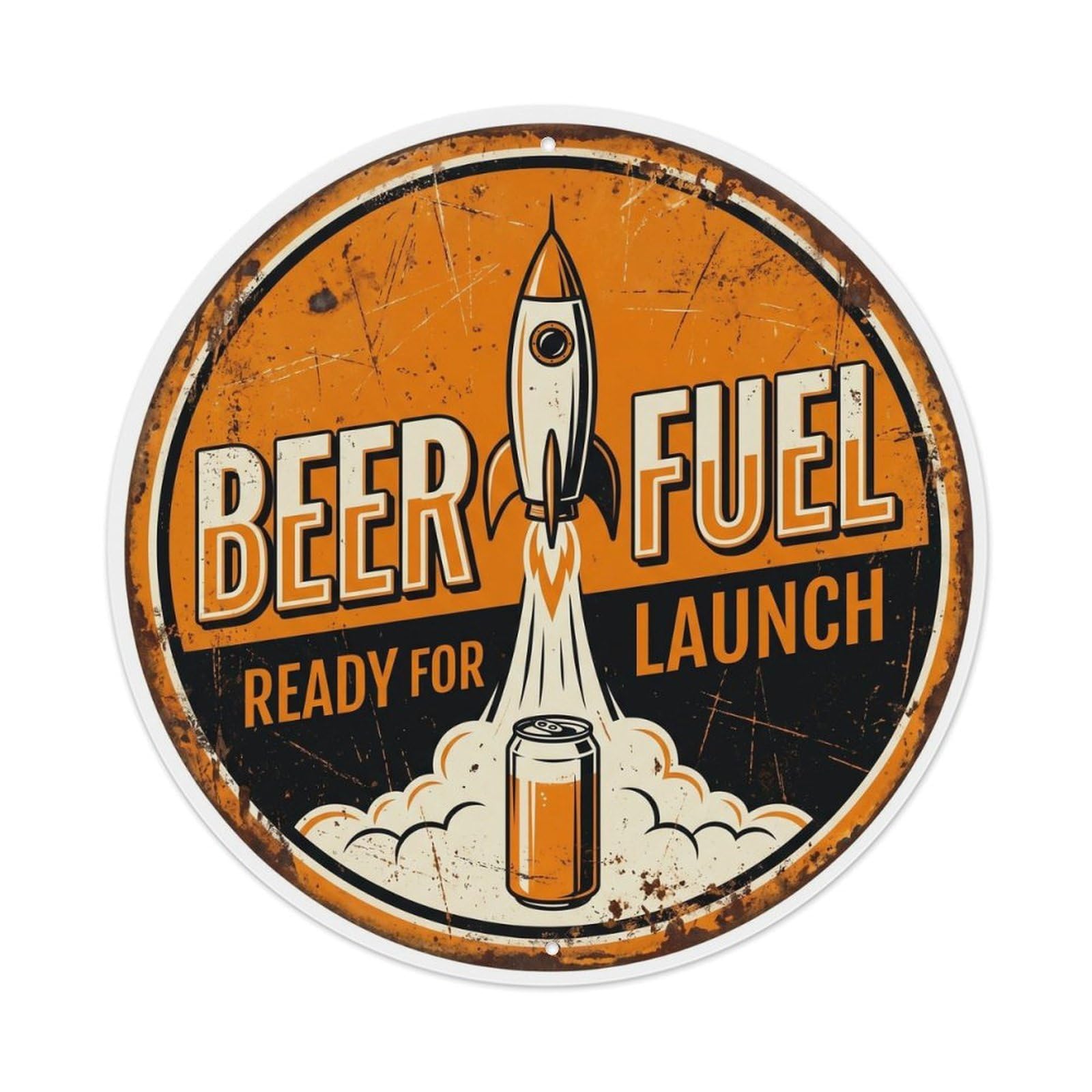 Retro Bar Rocket Launch Patio Beer Metal Tin Sign Plaque Wall Decor for Cafe, Club Bar, Office, Home Garden Round Metal Poster 8x8Inch