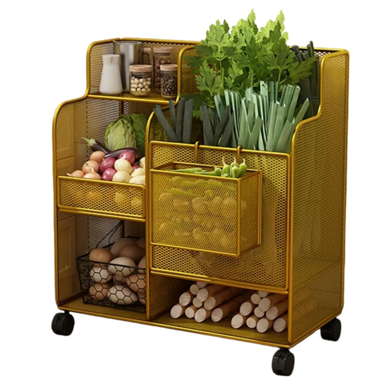 ZYYANSHOP Kitchen Storage Cart Kitchen Rolling Cart Fruit and Vegetable Basket Rack Household Storage Organizer(Gold)