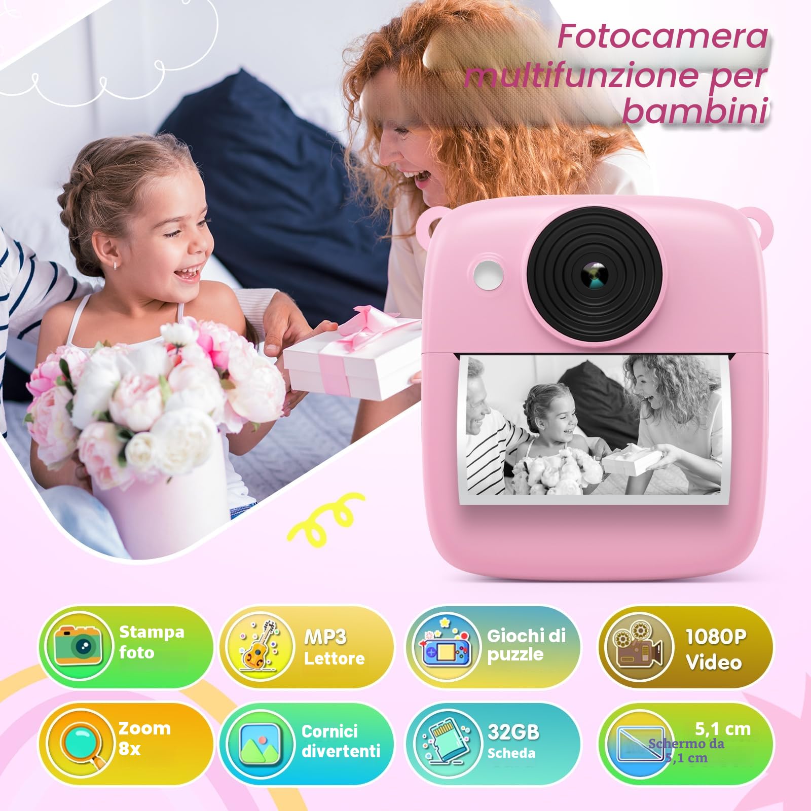 CalineGam Macchina Fotografica Bambini Istantanea, 2.0 Pollici Fotocamera Digitale Bambini con 32GB Scheda e Carta Fotografica, Regali di Natale Compleanno per 4 5 6 7 8 9 10 Ragazze Ragazzi (Rosa)