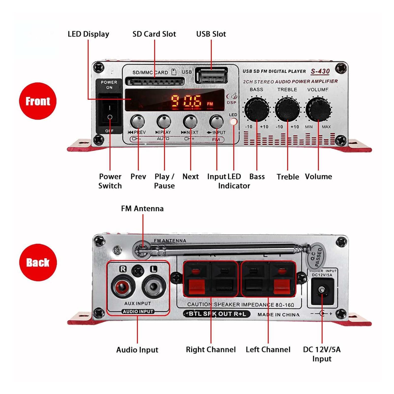 Amplificatore Audio, S430 600W 2CH. Auto HiFi. Amplificatore audio Lcd. Display Classe D Power amplificador Radio Car Home Altoparlante FM USB SD.(Rot)