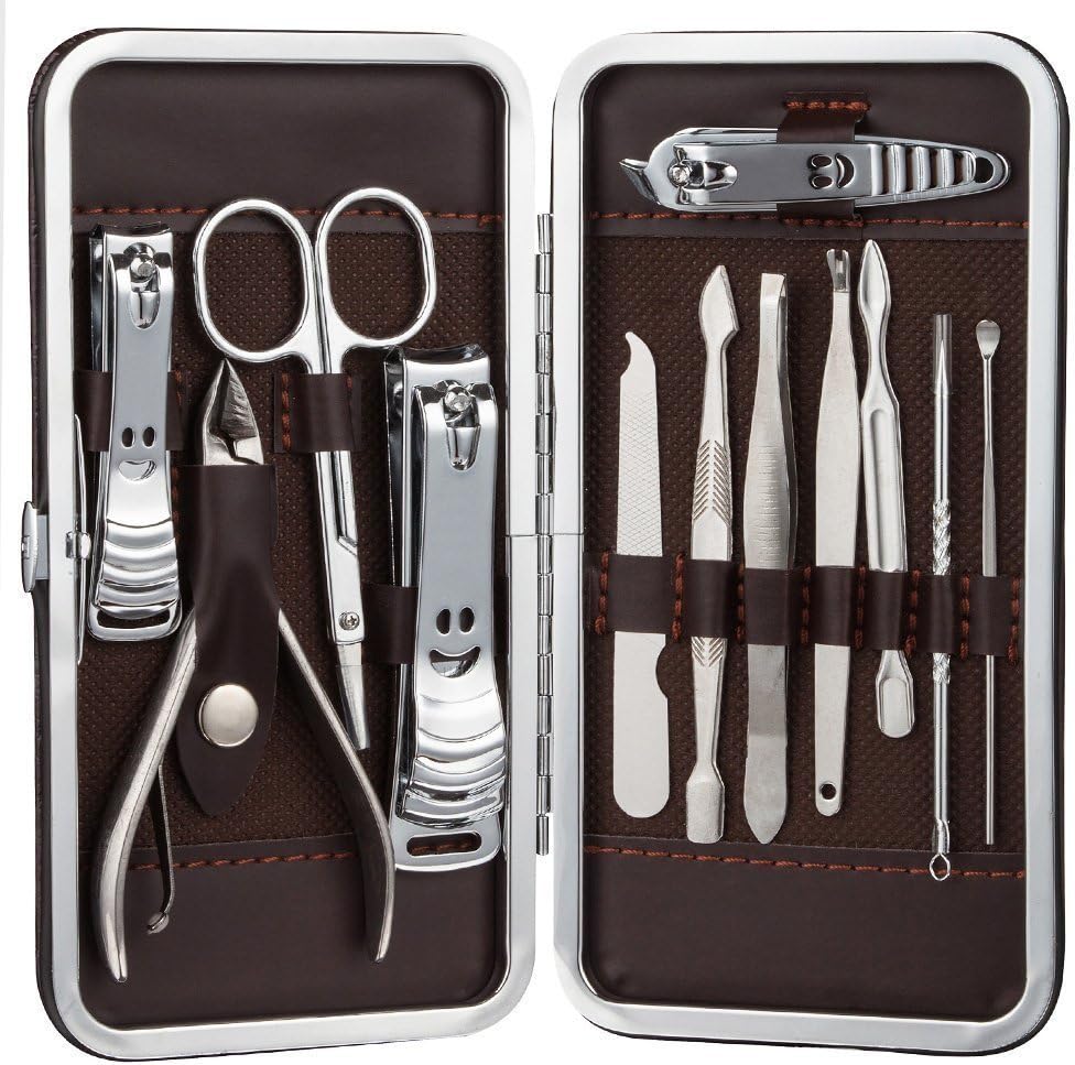 Nail Clippers Manicure Pedicure Kit Travel Set 12-in-1 Professional Nail Cutter Tools Grooming Kit for Women Men with Leather Case