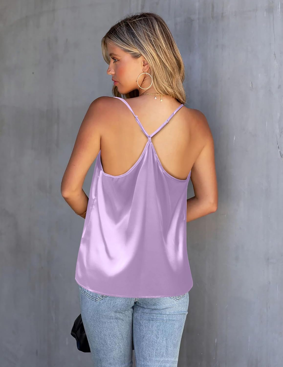 Ekouaer Womens Silk Satin Cami Tank Top 2026 Mesh V-Neck Adjustable Strap Sleeveless Summer Camisole Blouse - Image 4