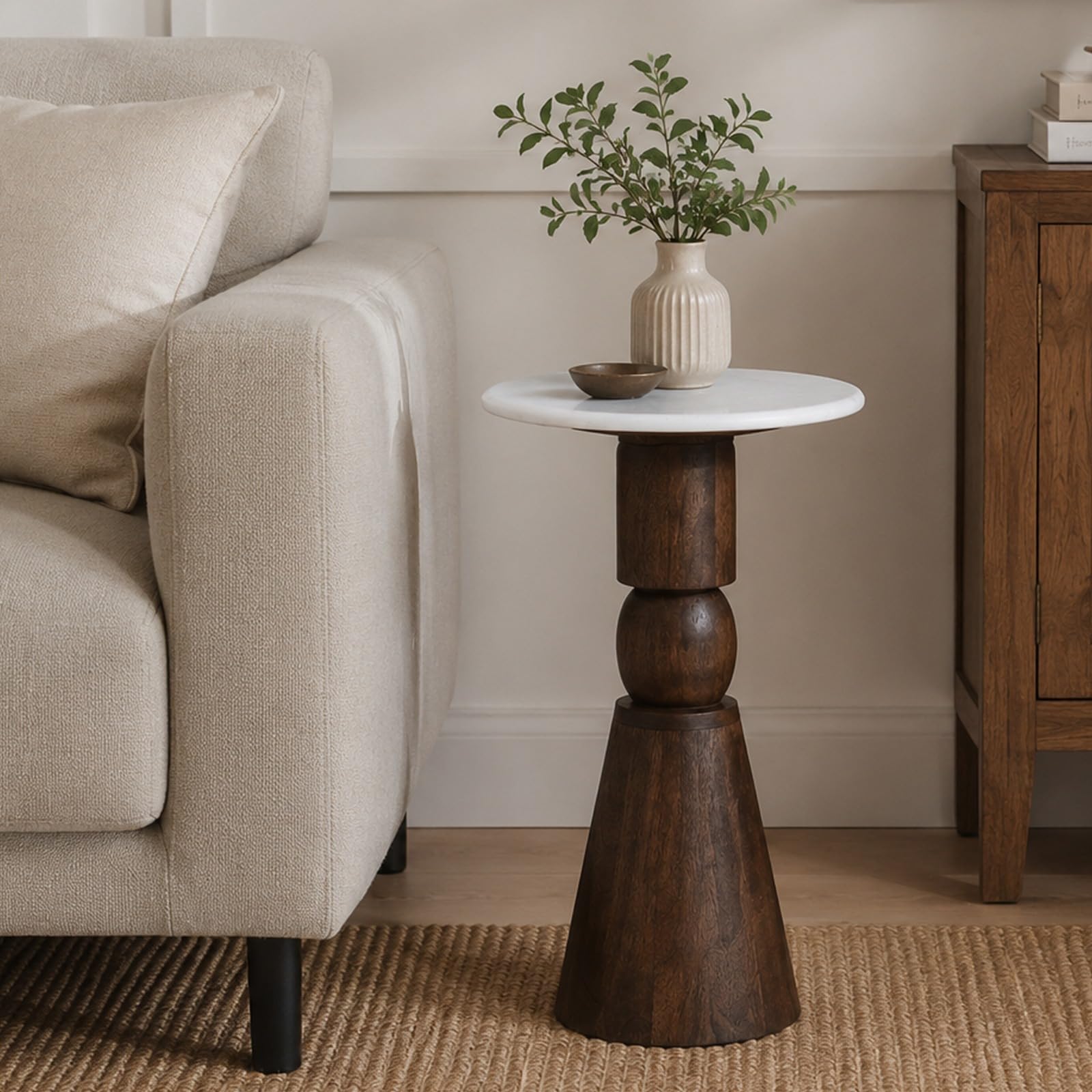 Hobart Round Marble Top Side Table | Ribbed Wooden Pedestal Base | Brown and White Boho Style Accent Table for Living Room, Bedroom and Home Décor-image-36