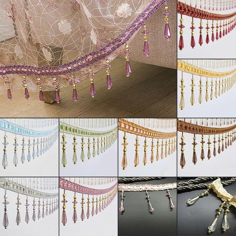 Curtain Tassels，Tassels for Sewing， 12 Yards Crystal Beads Curtain Lace Trimming Beaded Fringe Trim DIY Party Hanging Wedding Decor(Silver)
