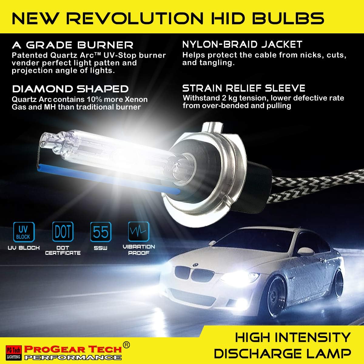 55W Heavy Duty HID Xenon Replacement Bulbs Bundle with AC Digital HID Fast Bright Replacement Ballast for 12V Vehicles (6000K Daylight White, H7)