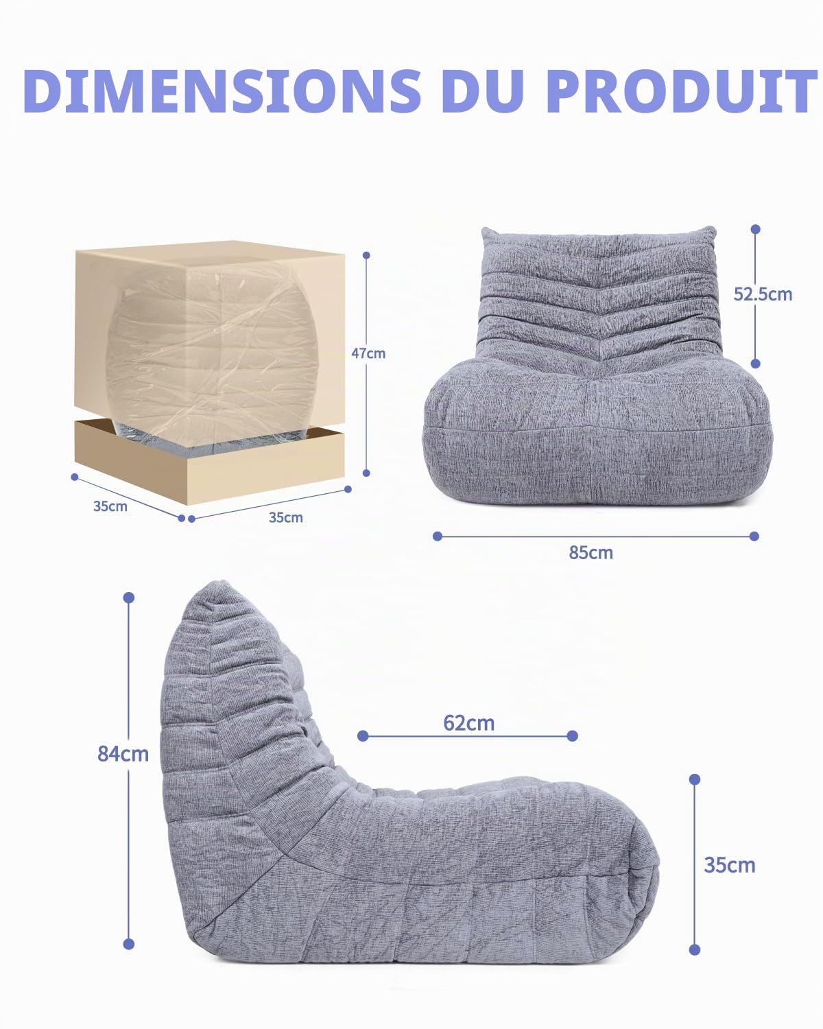 Pouf en Mousse Haute densité - Canapé de Sol en Tissu Chenille avec Dossier - Fauteuil de Lecture pour l'intérieur - pour Salon et Chambre à Coucher - Gris