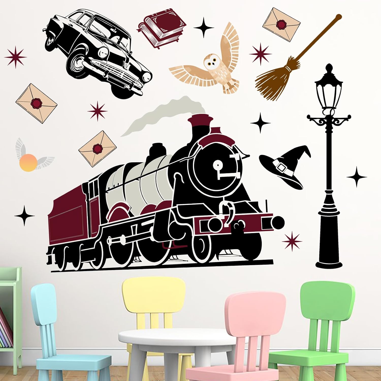 Mfault Magic Train Wall Decals Stickers, Vintage Magical Wizard Car Owl Witch Hat Broom Nursery Decorations Bedroom Art, Retro Book Letter Street Lamp Baby Toddlers Kids Room Playroom Decor