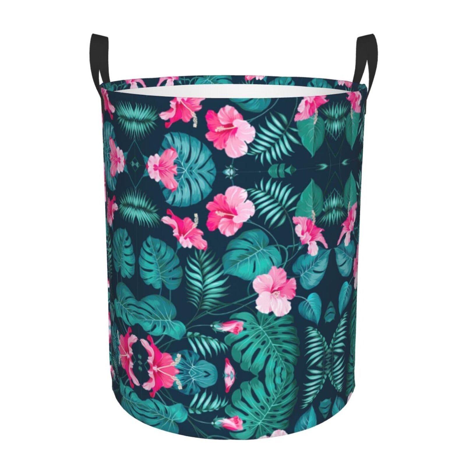 M Collapsible Round Hawaii Pink Flower Print Laundry Hamper