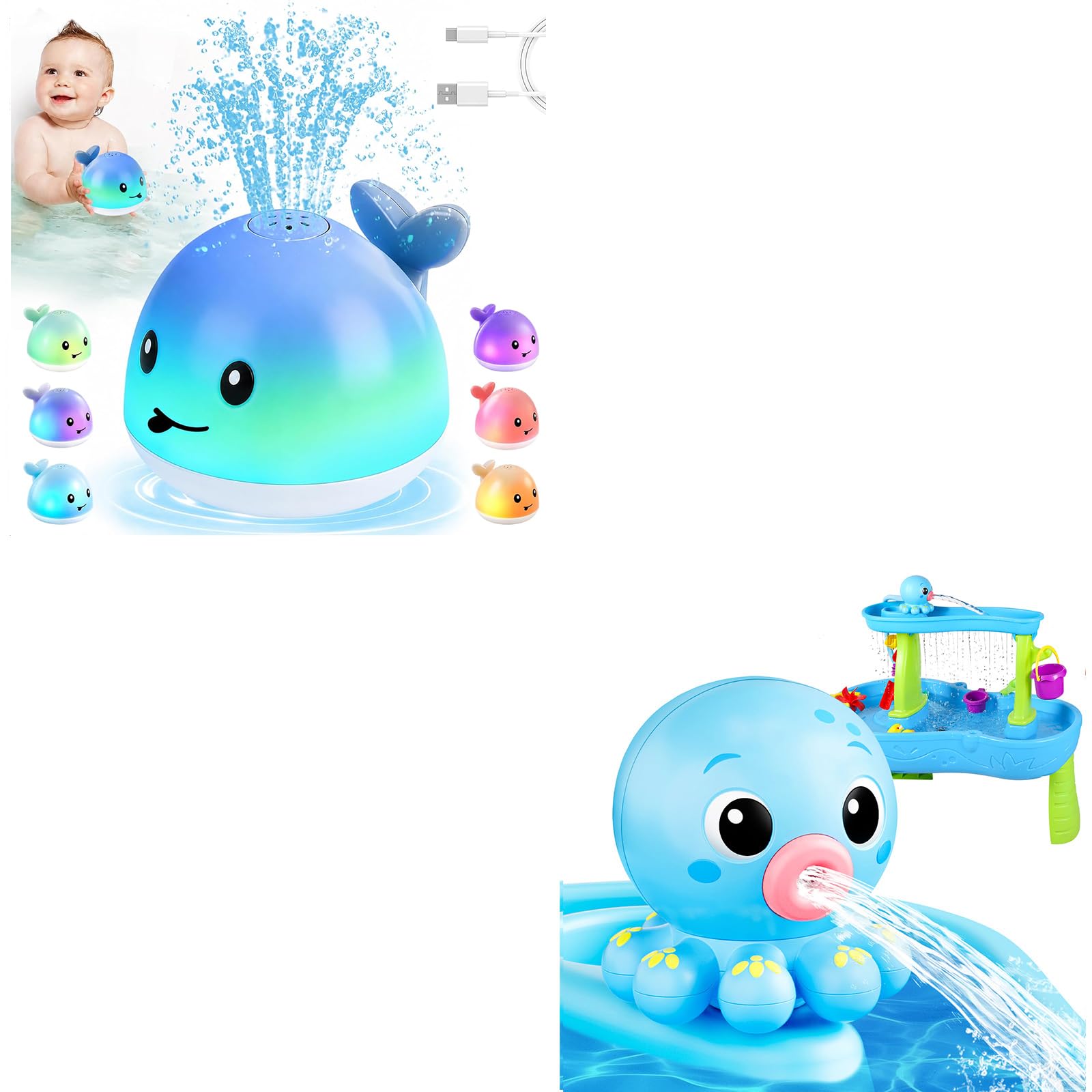 Octopus Water Pump for Water Table and Whale Bath Toy Sprinkler for Kids Toddlers Summer Outdoor Water Toys