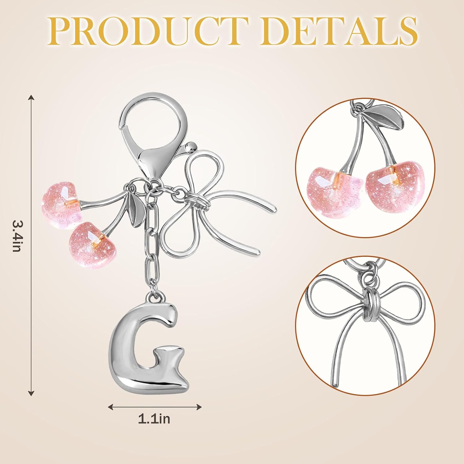 Snycler Bubble Initial Keychain with Bow & Cherry - Silver Letter Bag Charms for Women, Cute Purse Handbag Accessories image 2