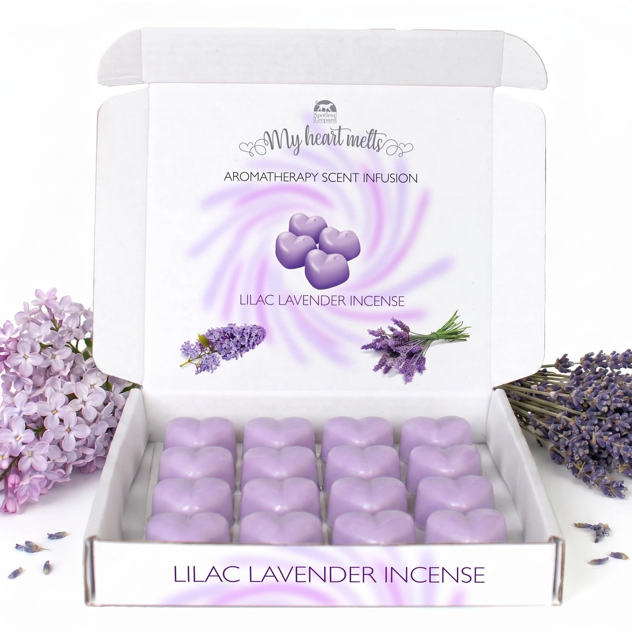 Lilac Lavender Incense Wax Melts: 16 x 6g Heart Shaped Aromatherapy Scent Infusion in a White Gift Box, Pet Friendly, Cruelty Free, Candle Alternative by Spotless Leopard