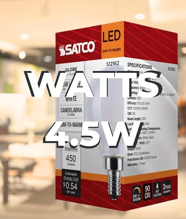 Satco S12162 4.5W LED G16.5 Globe, Warm Dimming 3000K-2000K, 450 Lumens, 90 CRI, 40W Replacement, White Globe, E12 Candelabra Base, Enclosed Fixture Rated, Dimmable, 120 Volt (2 Pack) by Satco - Used condition - Image 4
