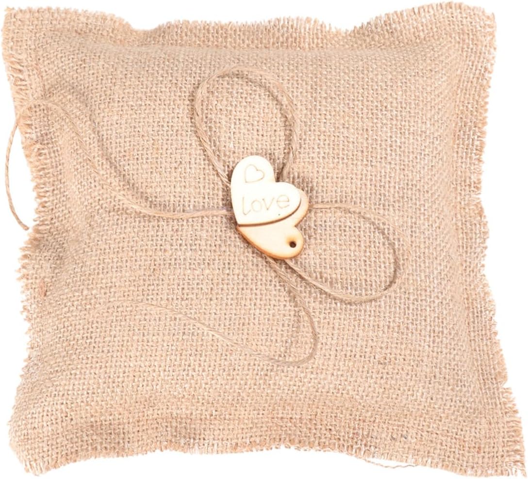 ULTECHNOVO Rustic Burlap Ring Bearer Pillow Cushion with Two Wooden Hearts