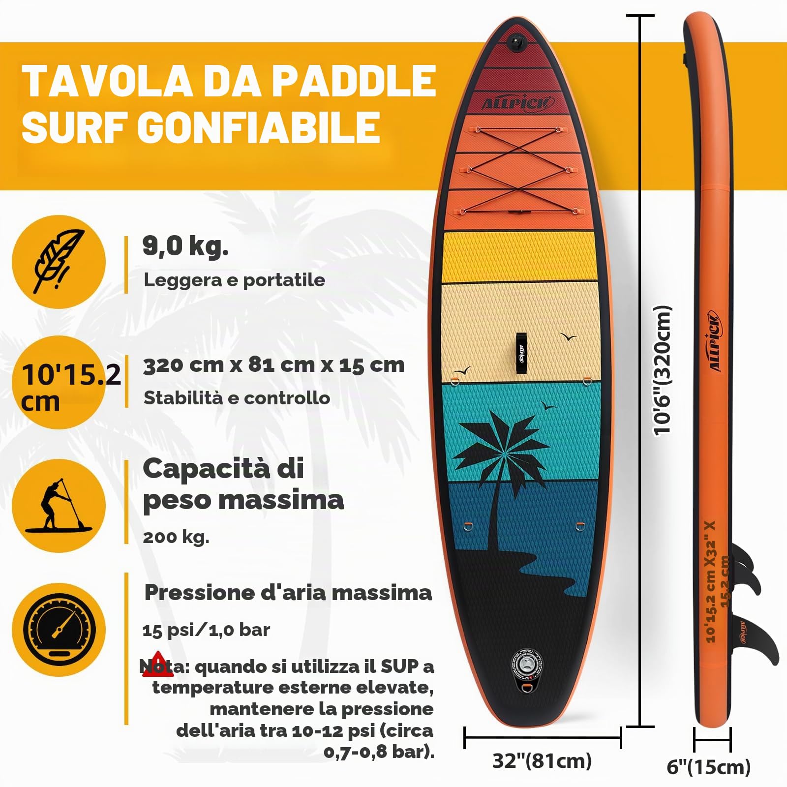 ALLPICK Sup Gonfiabile, Stand Up Paddle Board Gonfiabile, Con Supporto Universale per Fotocamera, Accessori Completi, Tavola da Sup Surf, Principianti e Avanzati, 200kg