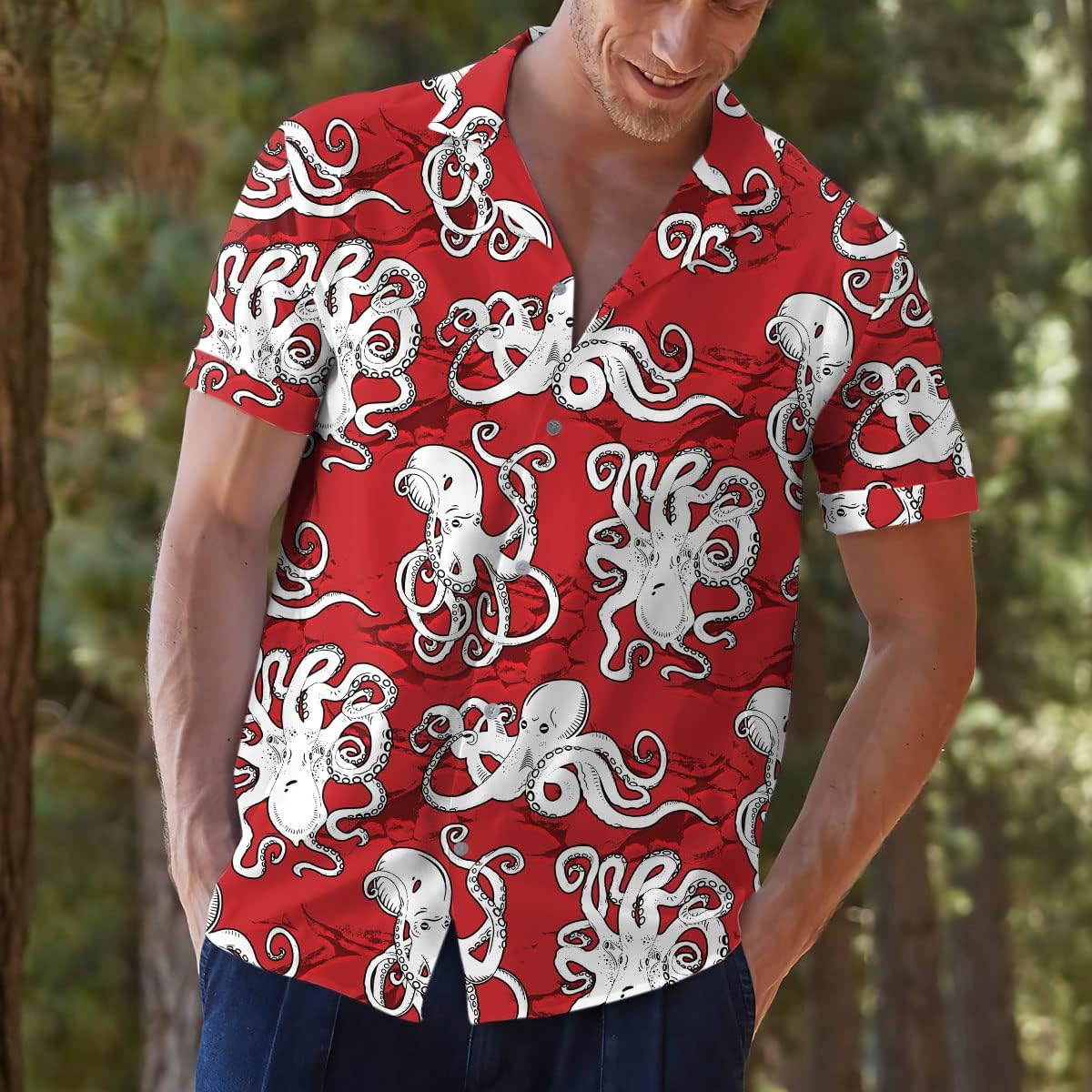 Funny Hawaiian Horror Halloween Tropical Flower Beach Gift Casual Short Sleeve Button Shirt - Image 2
